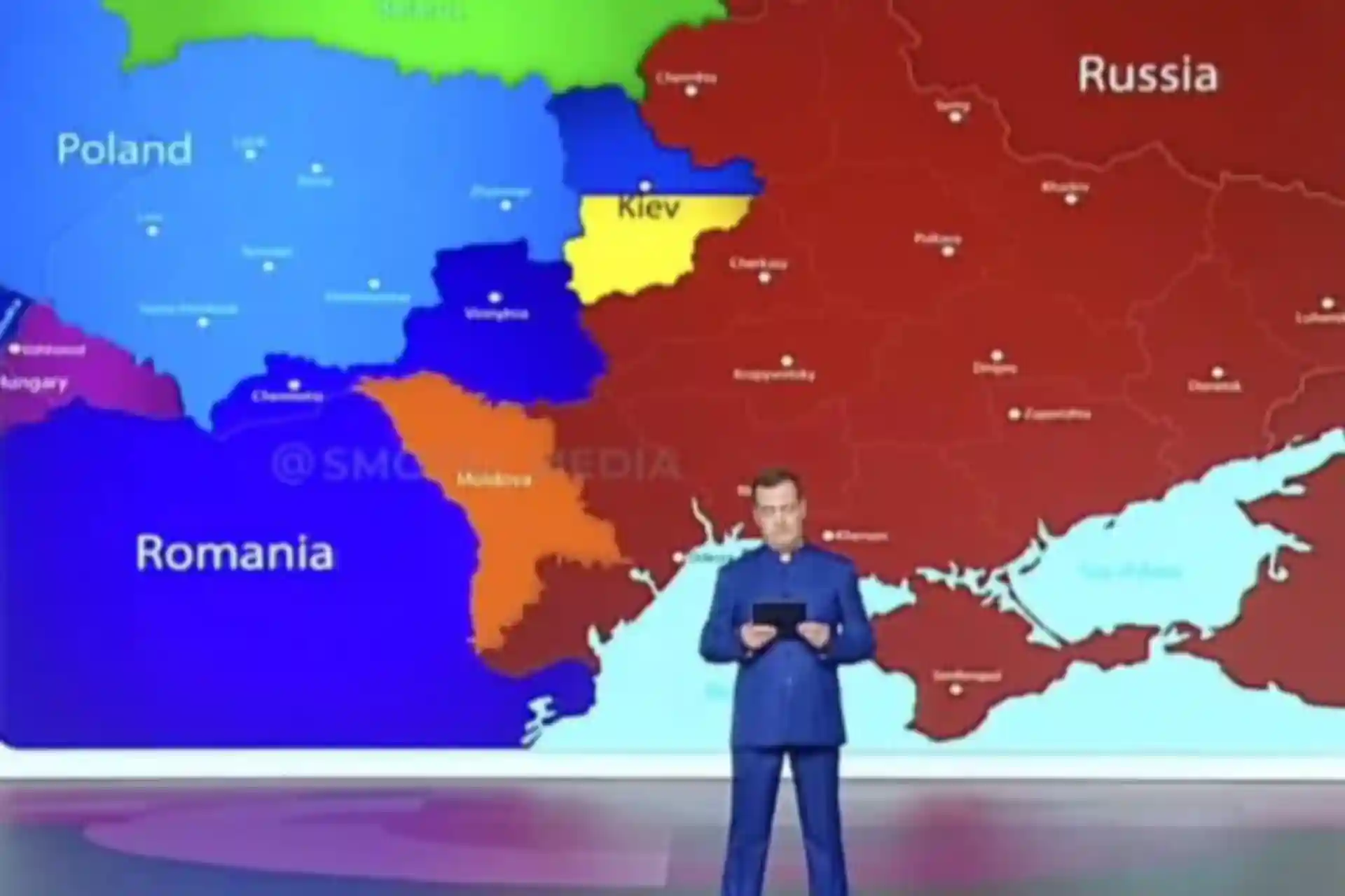 Медведов Украина Россияники эканини айтиб, РФнинг янги харитасини кўрсатди